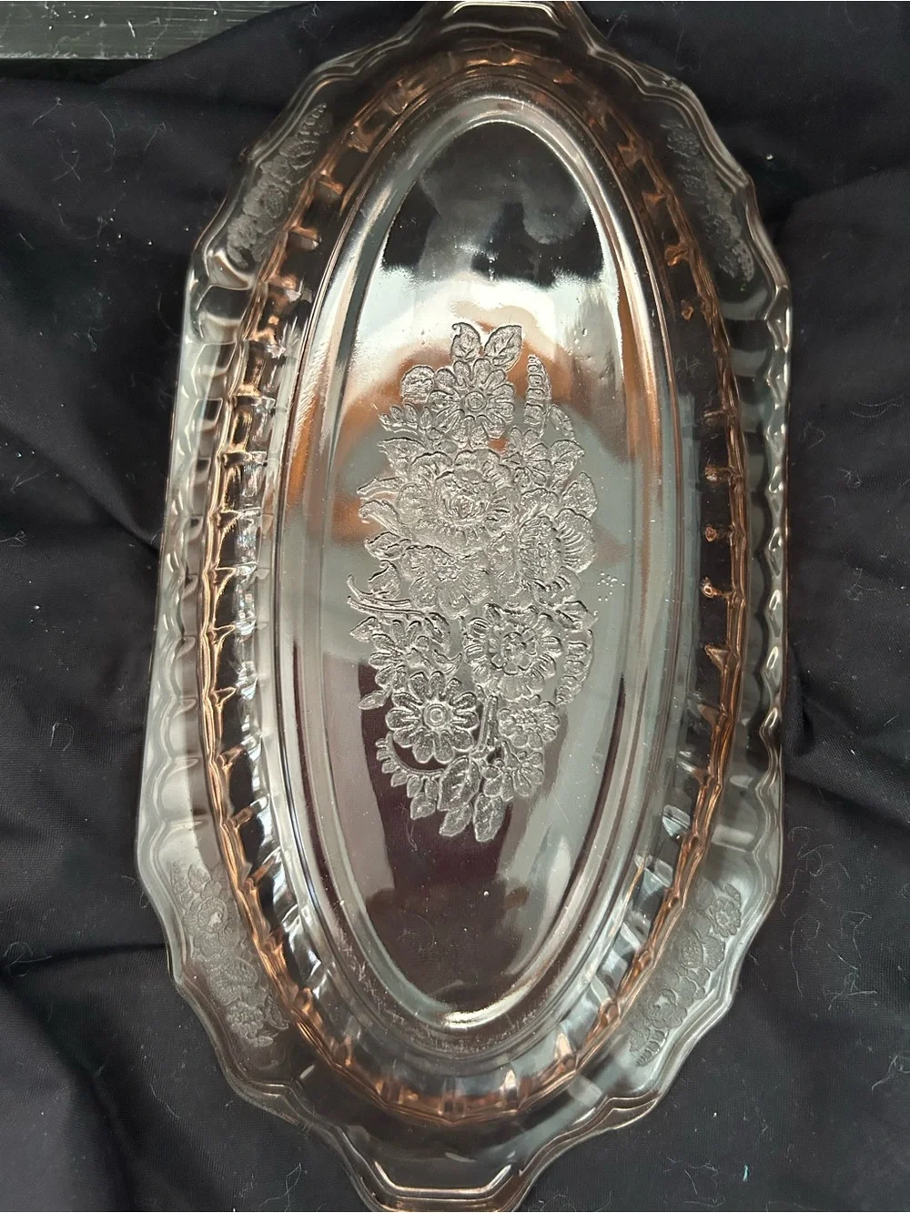 Anchor Hocking Pink Open Rose Depression Glass Relish/Celery Dish Vintage